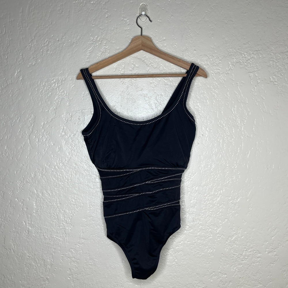 Miraclesuit Womens Black Dotted Trim Slimming One Piece Swimsuit Size 10